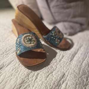 Turquoise beaded wooden wedge sandal